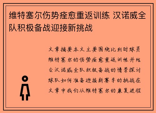 维特塞尔伤势痊愈重返训练 汉诺威全队积极备战迎接新挑战