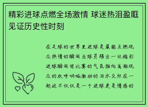 精彩进球点燃全场激情 球迷热泪盈眶见证历史性时刻