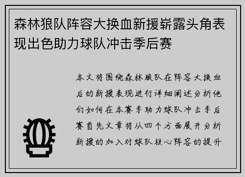 森林狼队阵容大换血新援崭露头角表现出色助力球队冲击季后赛